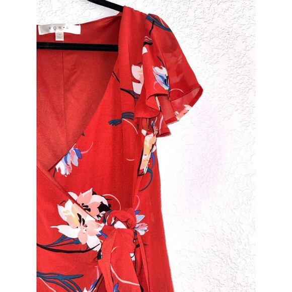 Red Floral Wrap Midi Dress With Flutter Sleeves By Row A - Size M - Picture 2 of 6